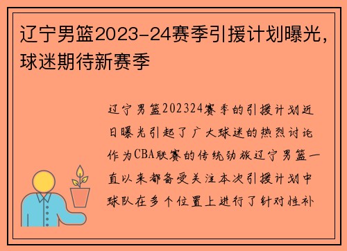 辽宁男篮2023-24赛季引援计划曝光，球迷期待新赛季